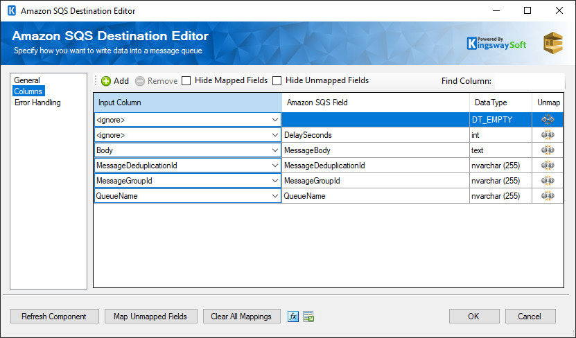 SSIS Amazon SQS Destination - Columns